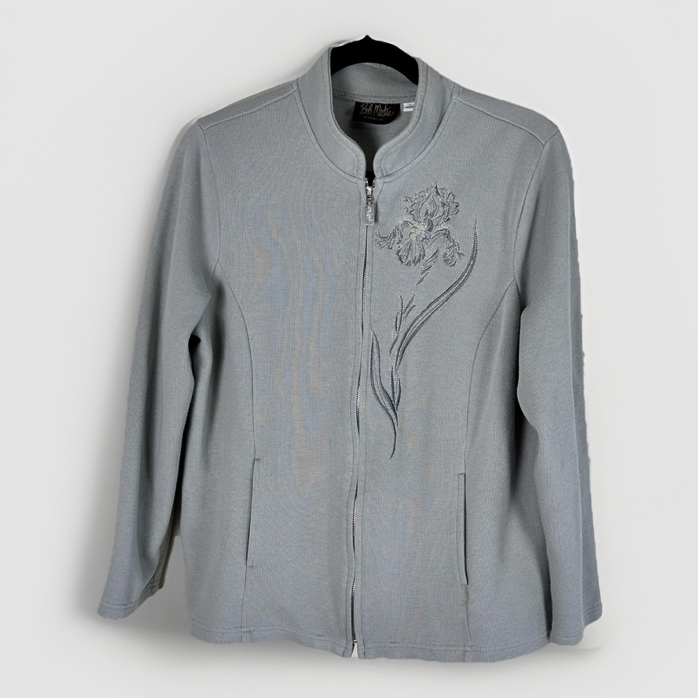 Bob Mackie Womens Large Embroidered Floral Zip Up‎ Gray Jacket Long Sleeve